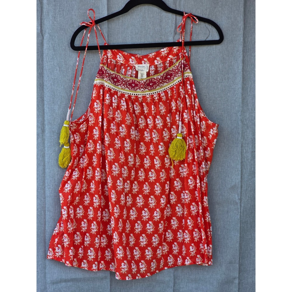 Artelier Nicole Miller Orange Red Floral Tassel Embellished Top XL